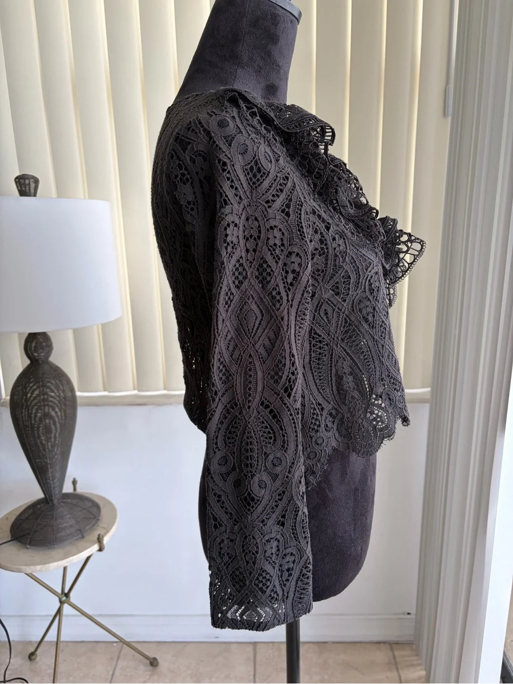 ZARA Gothic Black Guipure Lace Ruffle Neckline Long Sleeve Blouse XS